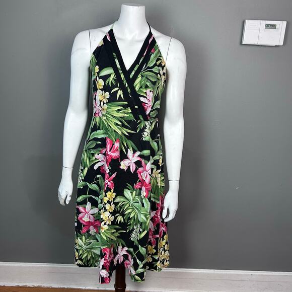 Tommy Bahama Dress Linen Size 8 Tropical Hawaiian halter midi vacation retro - Picture 1 of 9